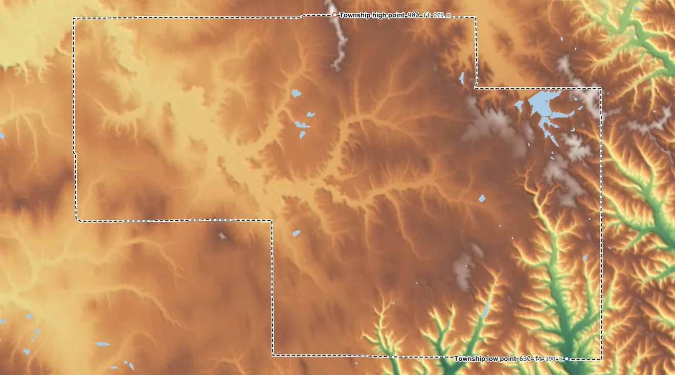 Topographic elevation map of Ashland Township, Indiana, shaded from 630 ft on the southeast side to 900 ft on the northwest side