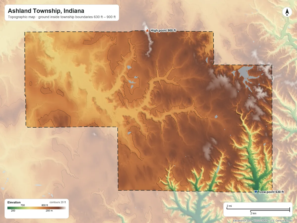 Topographic elevation map of Ashland Township, Indiana, shaded from 630 ft on the southeast side to 900 ft on the northwest side