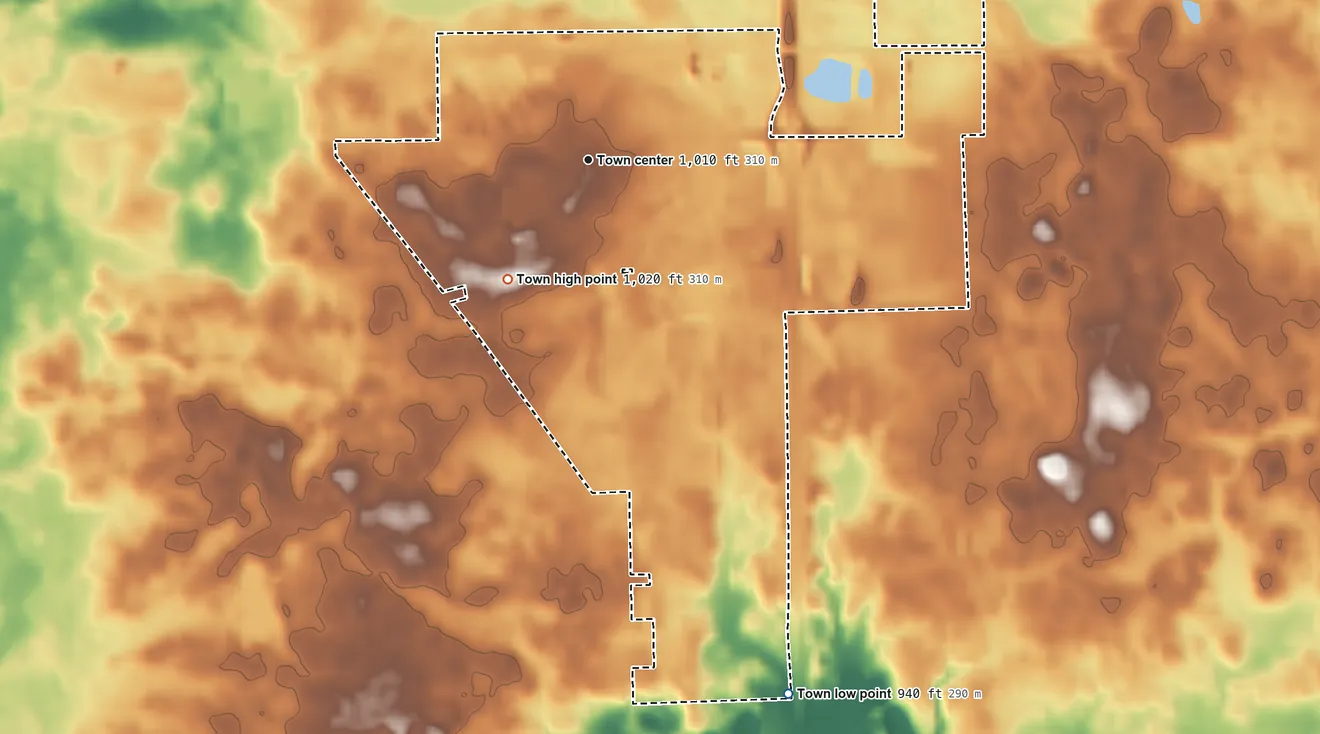 Topographic elevation map of Ashley, Indiana, shaded from 940 ft on the south side to 1,020 ft on the southwest side