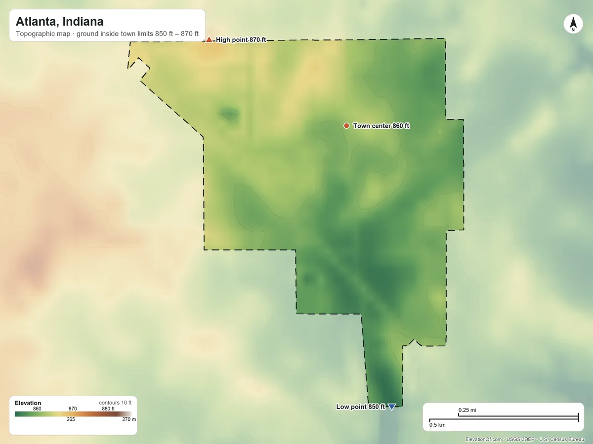 Topographic elevation map of Atlanta, Indiana, shaded from 850 ft on the south side to 870 ft on the northwest side