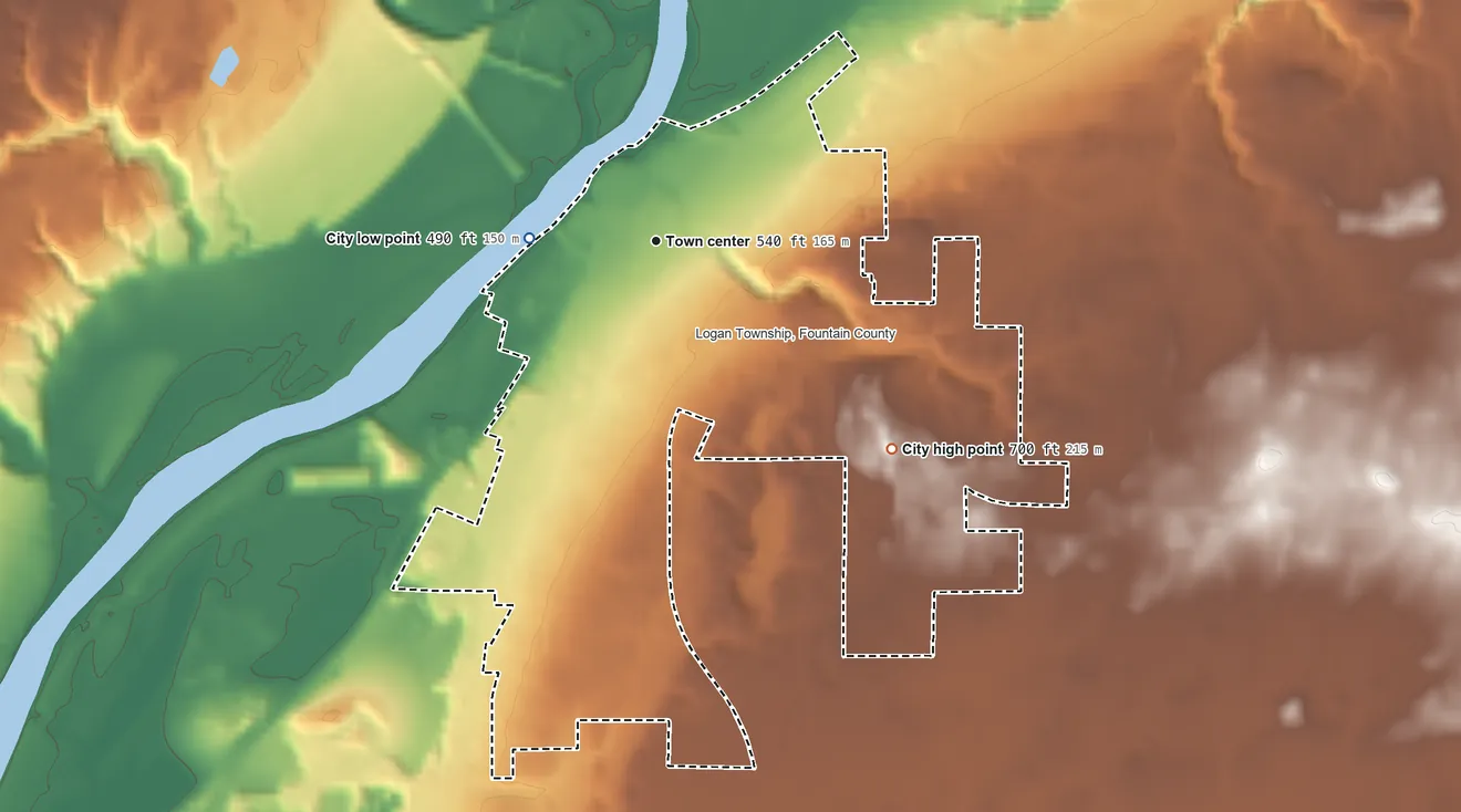 Topographic elevation map of Attica, Indiana, shaded from 490 ft on the west side to 700 ft on the southeast side