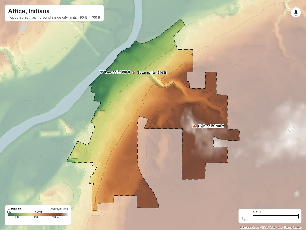 Topographic elevation map of Attica, Indiana, shaded from 490 ft on the west side to 700 ft on the southeast side