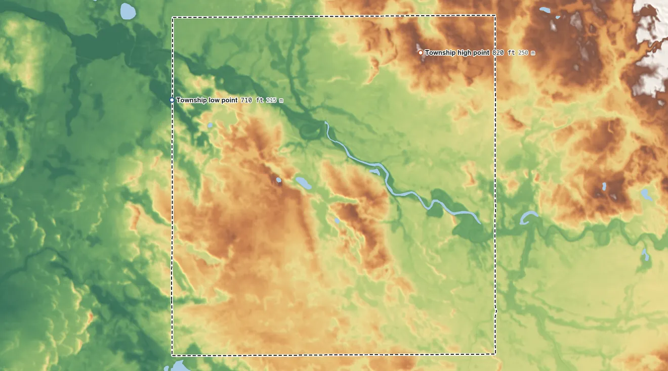 Topographic elevation map of Aubbeenaubbee Township, Indiana, shaded from 710 ft on the west side to 820 ft on the northeast side