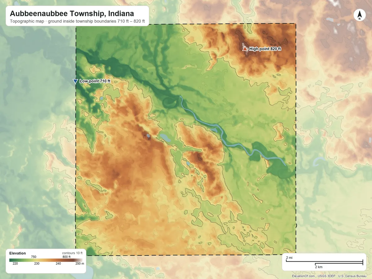 Topographic elevation map of Aubbeenaubbee Township, Indiana, shaded from 710 ft on the west side to 820 ft on the northeast side