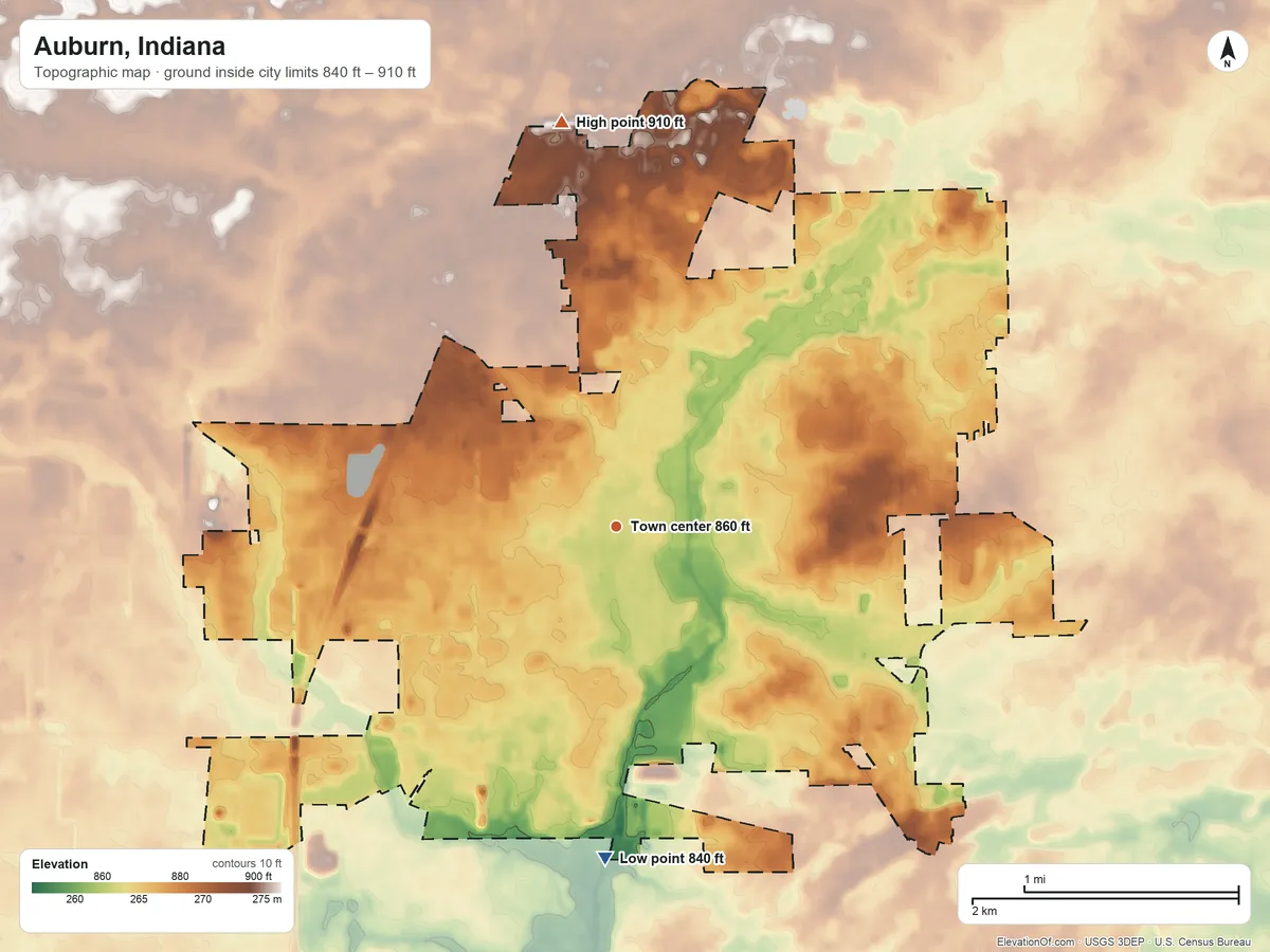 Topographic elevation map of Auburn, Indiana, shaded from 840 ft on the south side to 910 ft on the north side