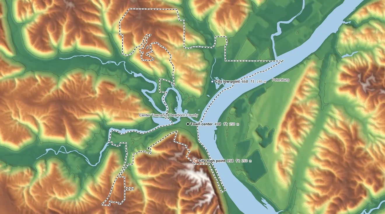 Topographic elevation map of Aurora, Indiana, shaded from 460 ft on the northeast side to 850 ft on the south side