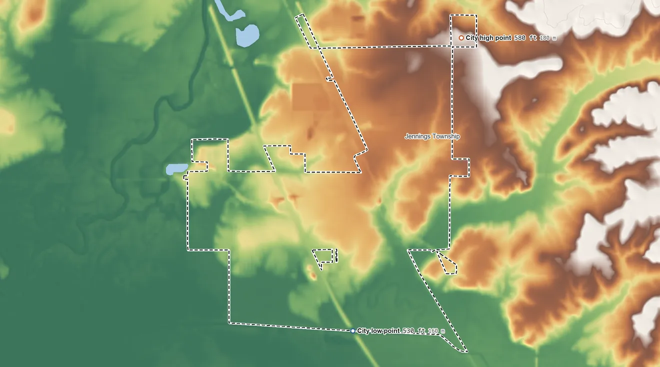 Topographic elevation map of Austin, Indiana, shaded from 530 ft on the south side to 580 ft on the northeast side