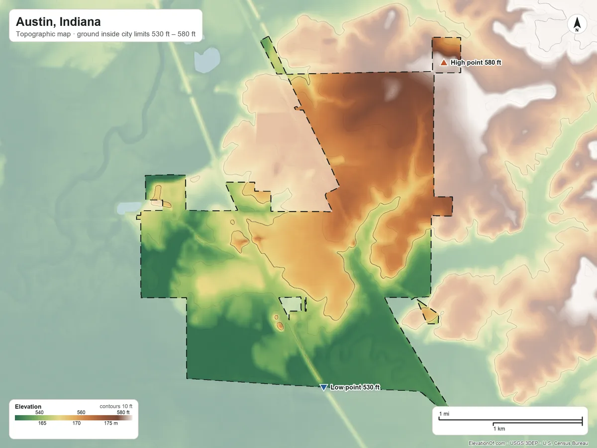 Topographic elevation map of Austin, Indiana, shaded from 530 ft on the south side to 580 ft on the northeast side