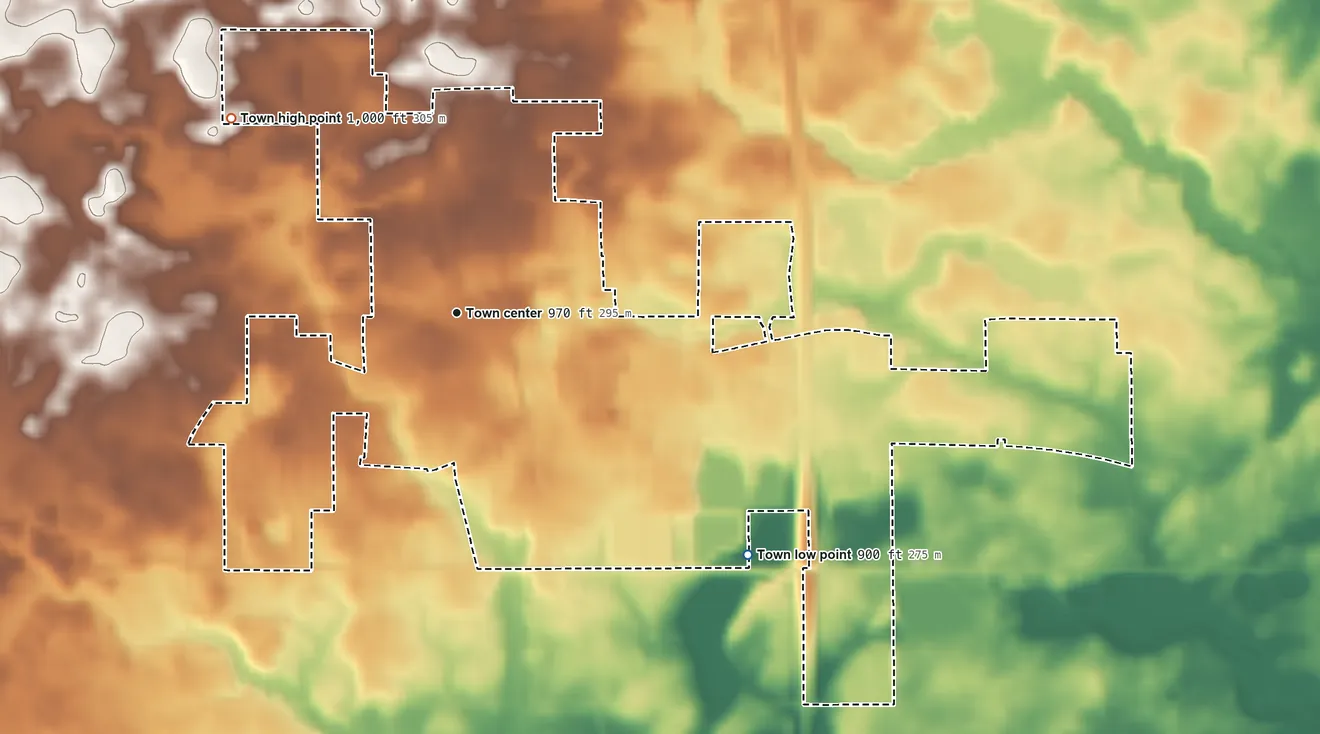 Topographic elevation map of Avilla, Indiana, shaded from 900 ft on the southeast side to 1,000 ft on the northwest side