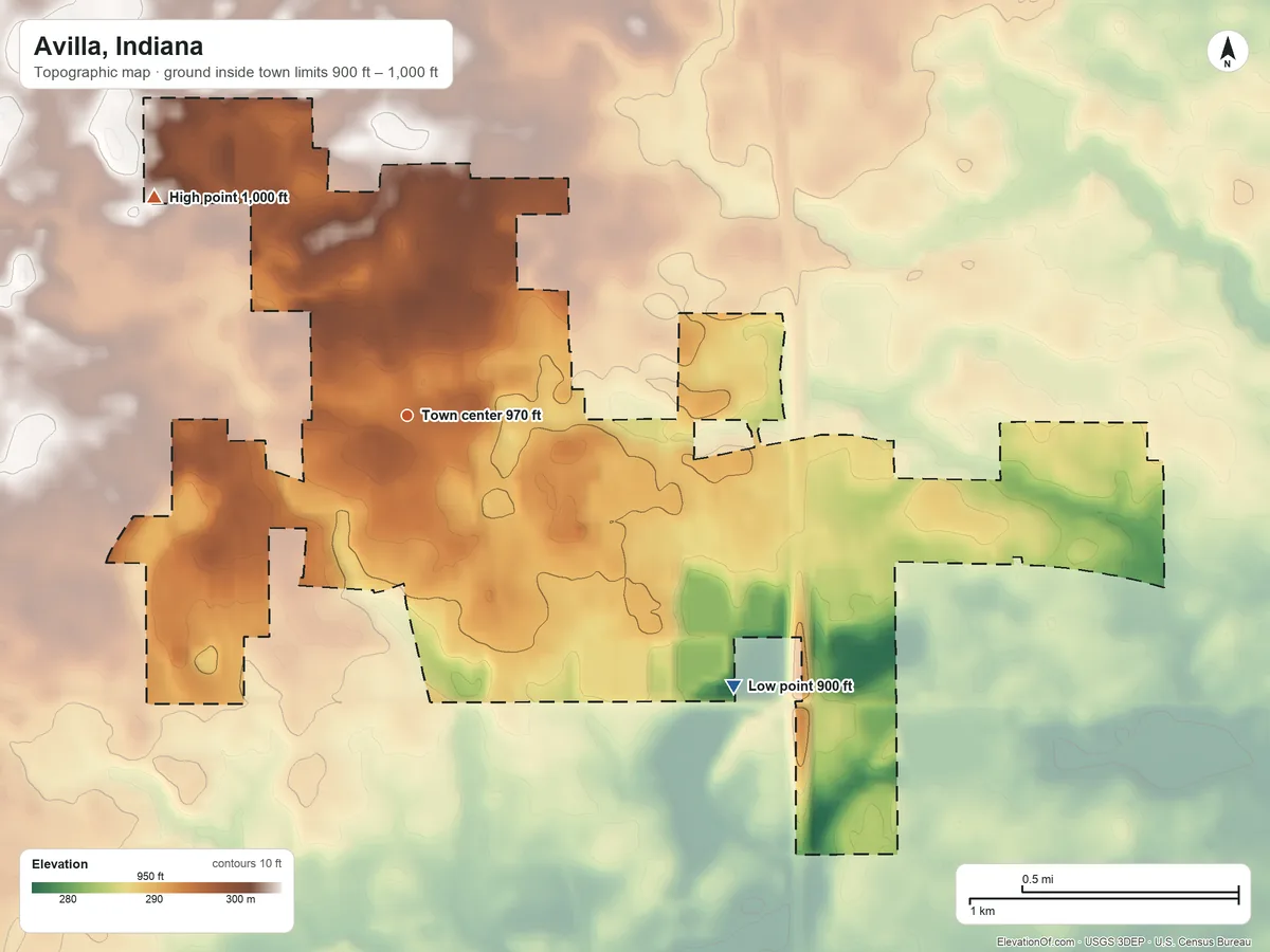 Topographic elevation map of Avilla, Indiana, shaded from 900 ft on the southeast side to 1,000 ft on the northwest side