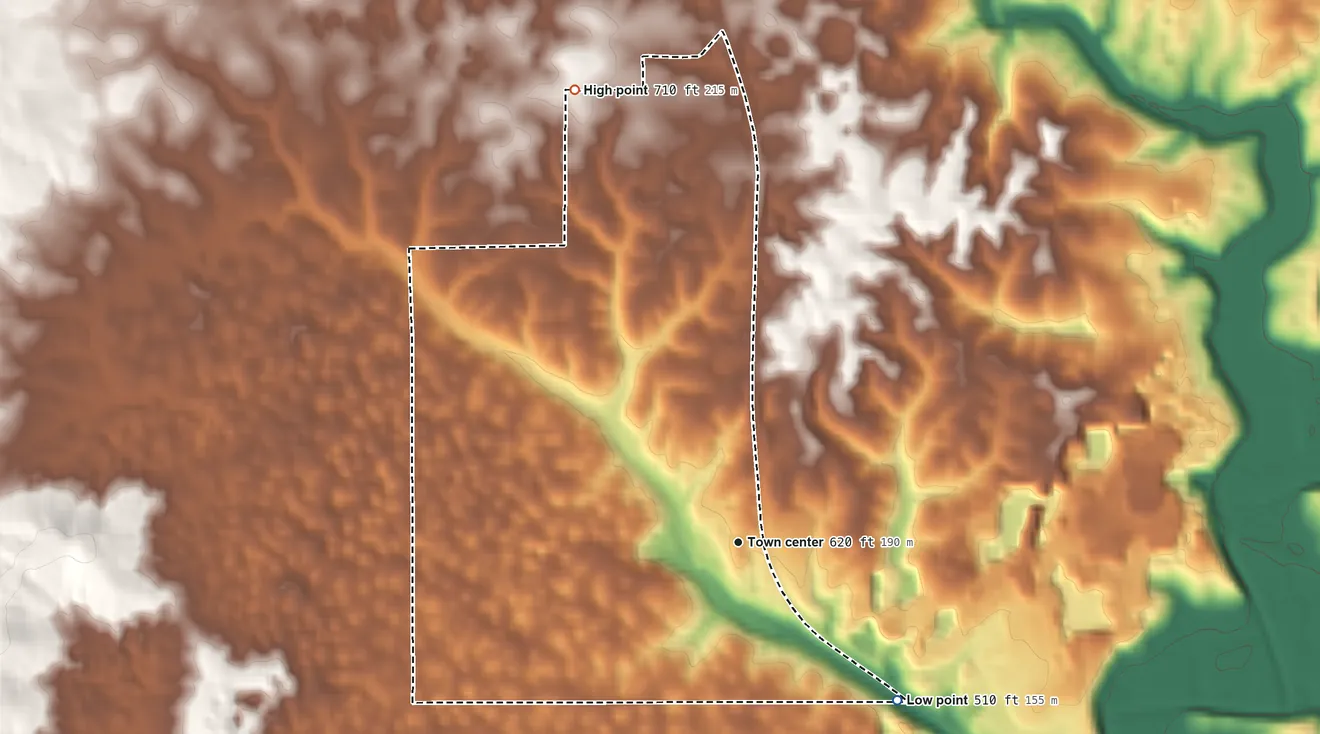Topographic elevation map of Avoca, Indiana, shaded from 510 ft on the southeast side to 710 ft on the north side
