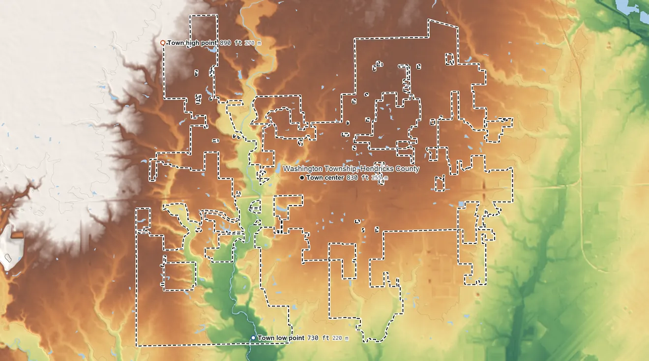Topographic elevation map of Avon, Indiana, shaded from 730 ft on the south side to 890 ft on the northwest side