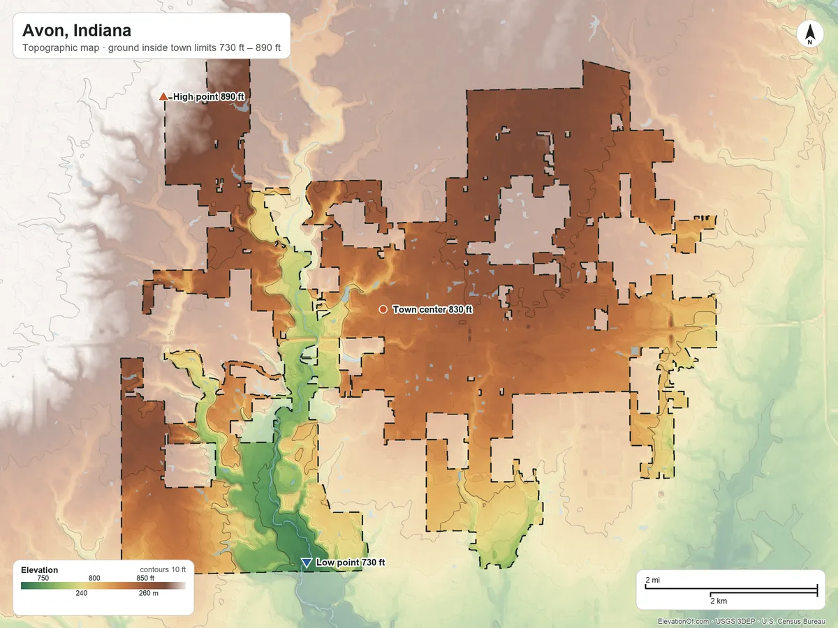 Topographic elevation map of Avon, Indiana, shaded from 730 ft on the south side to 890 ft on the northwest side