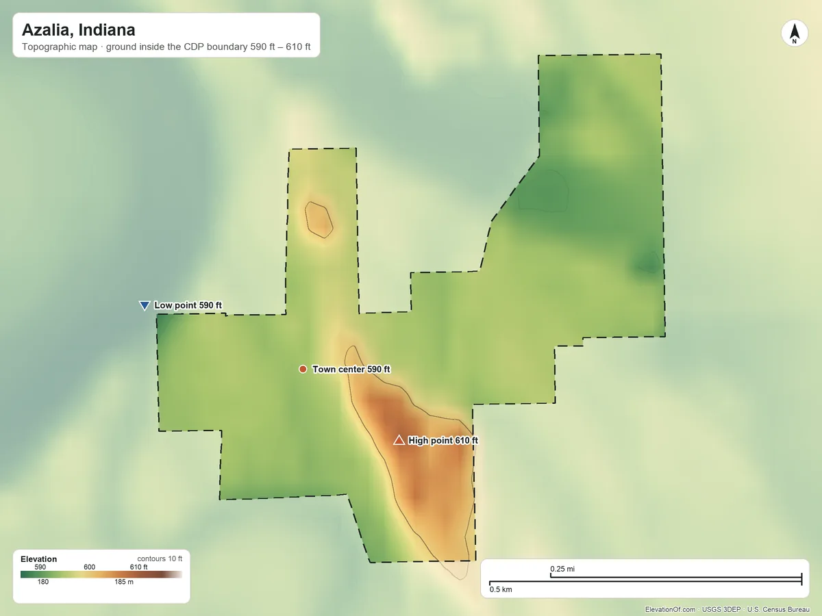 Topographic elevation map of Azalia, Indiana, shaded from 590 ft on the west side to 610 ft on the southeast side
