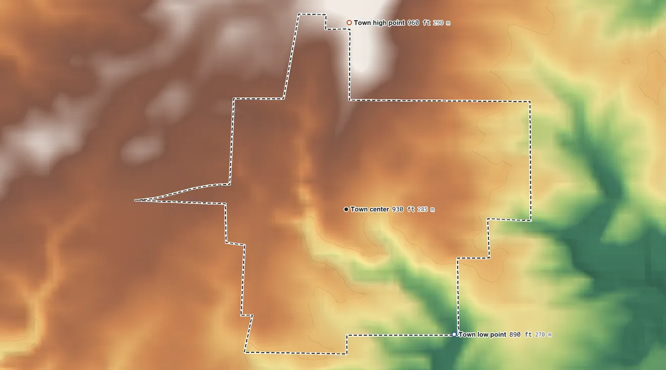 Topographic elevation map of Bainbridge, Indiana, shaded from 890 ft on the southeast side to 960 ft on the north side