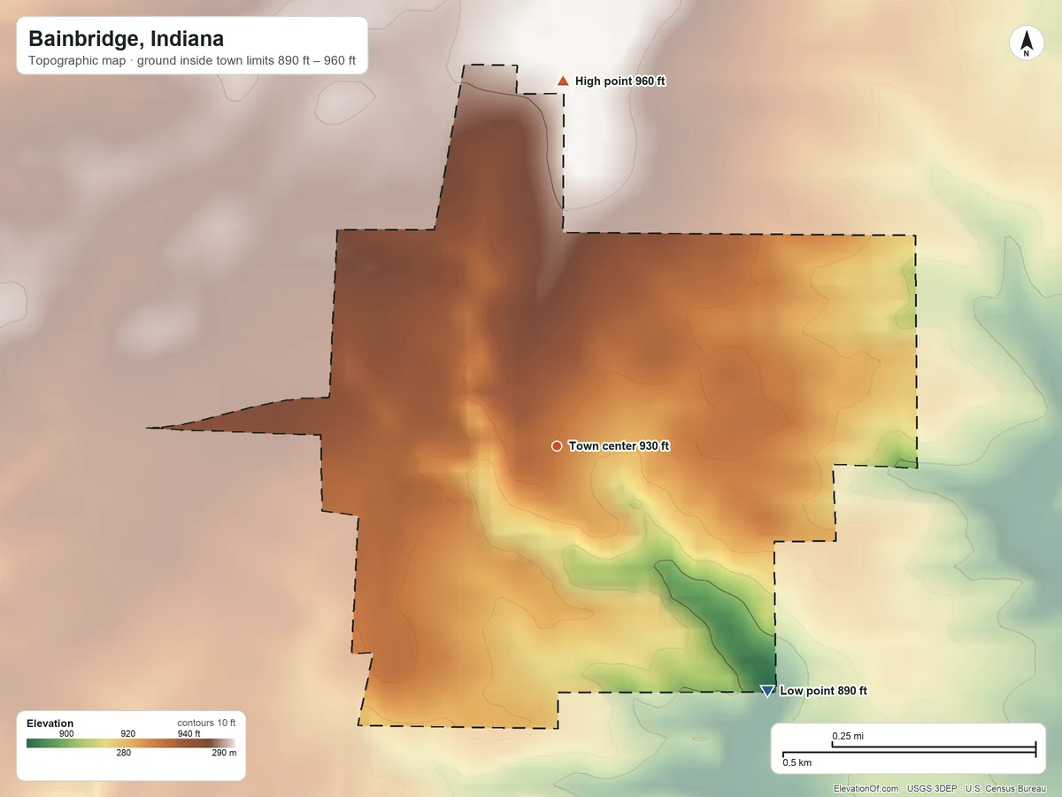 Topographic elevation map of Bainbridge, Indiana, shaded from 890 ft on the southeast side to 960 ft on the north side