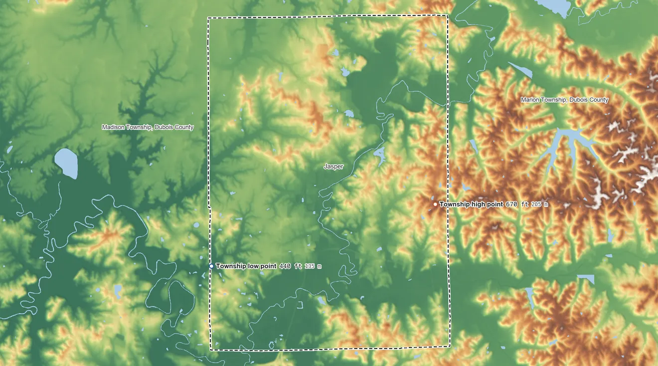 Topographic elevation map of Bainbridge Township, Indiana, shaded from 440 ft on the southwest side to 670 ft on the southeast side