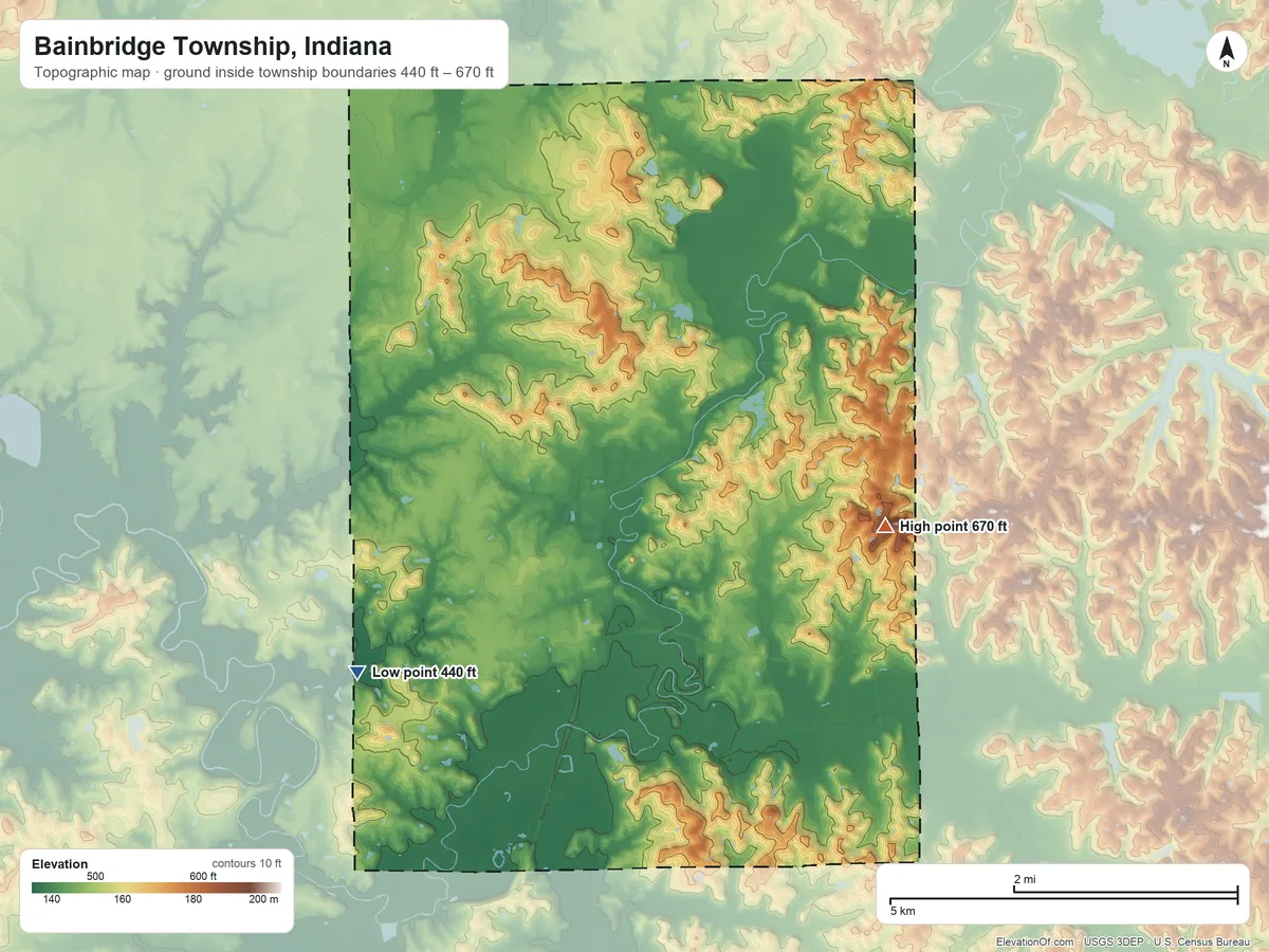 Topographic elevation map of Bainbridge Township, Indiana, shaded from 440 ft on the southwest side to 670 ft on the southeast side