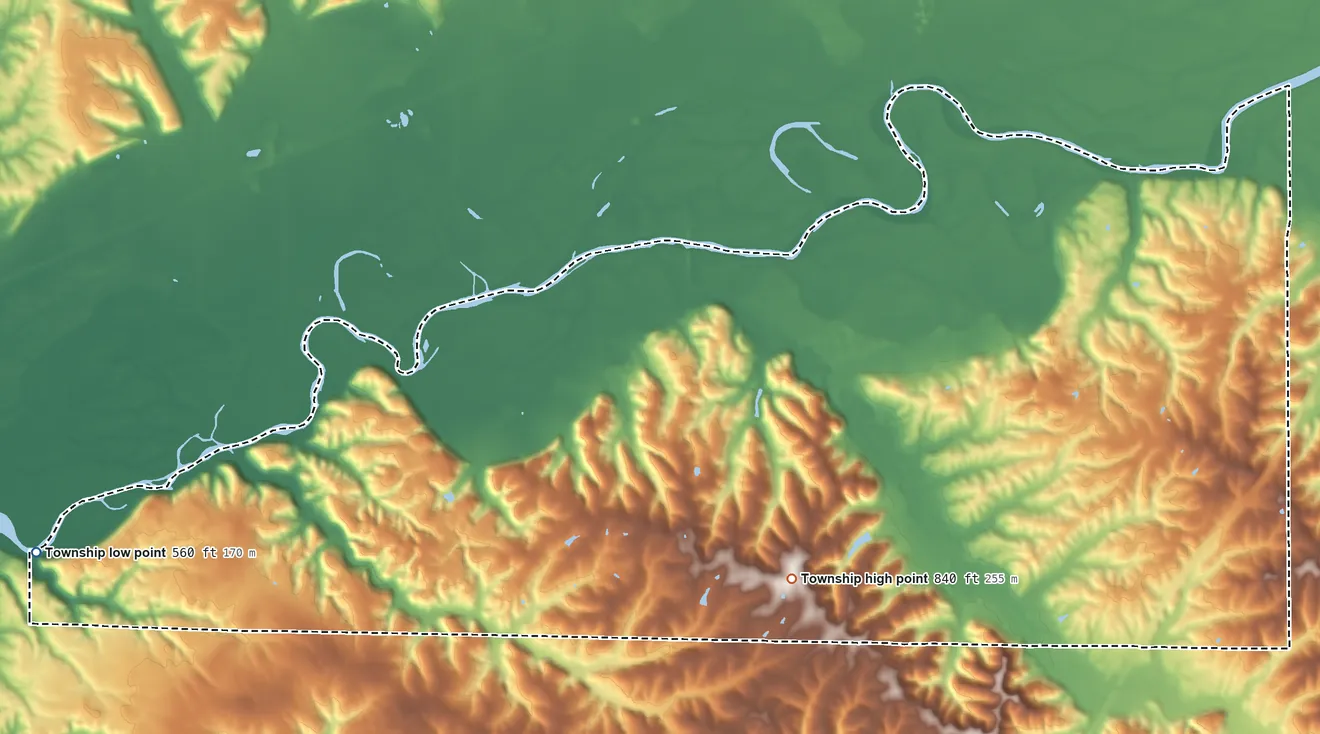 Topographic elevation map of Baker Township, Indiana, shaded from 560 ft on the west side to 840 ft on the southwest side