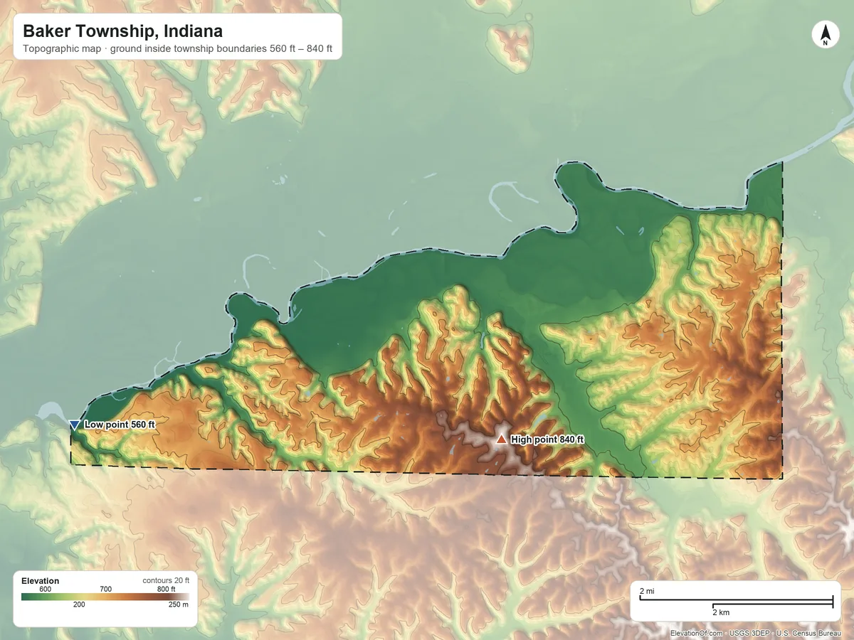 Topographic elevation map of Baker Township, Indiana, shaded from 560 ft on the west side to 840 ft on the southwest side