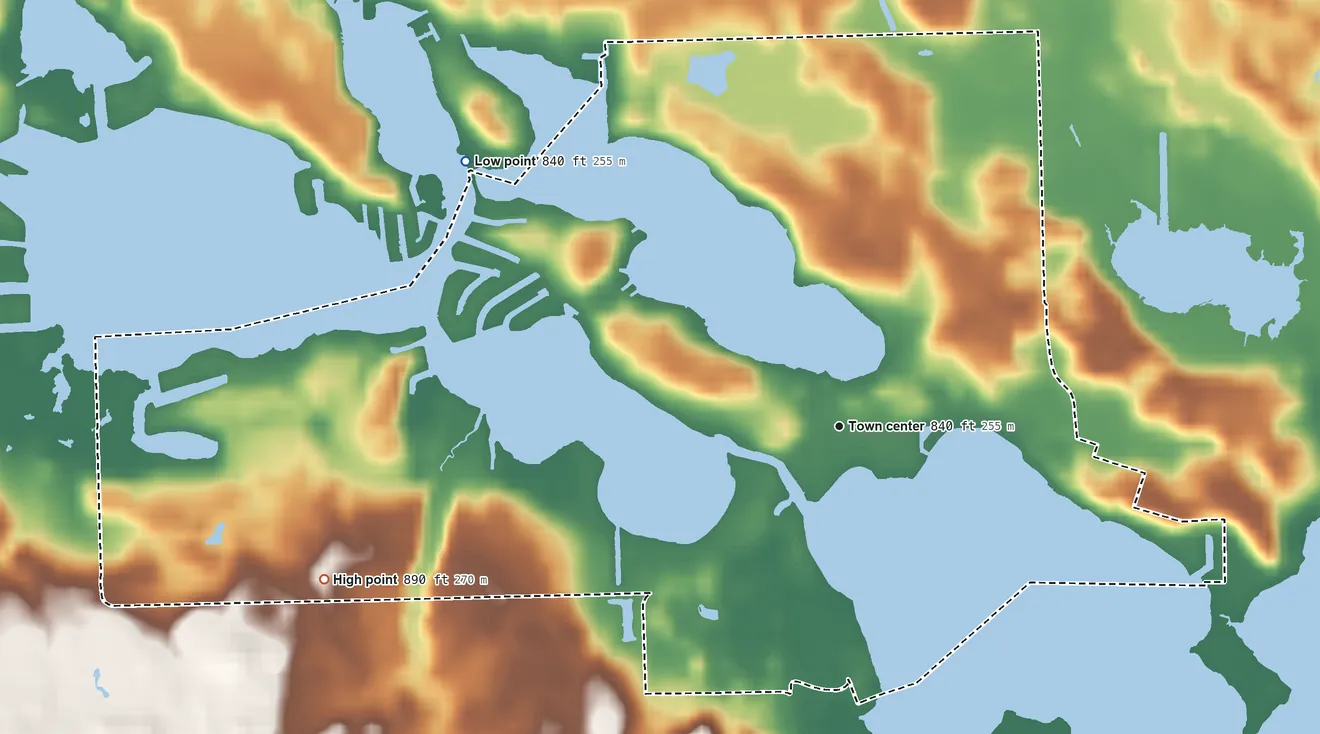 Topographic elevation map of Barbee, Indiana, shaded from 840 ft on the northwest side to 890 ft on the west side