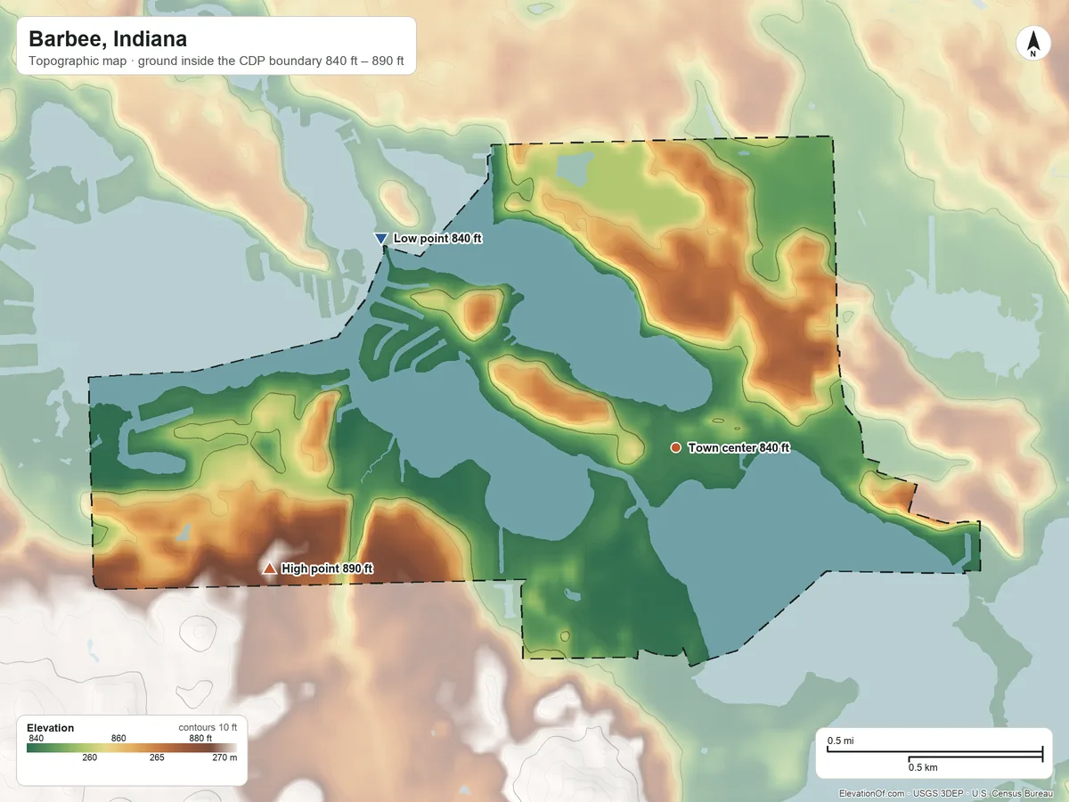 Topographic elevation map of Barbee, Indiana, shaded from 840 ft on the northwest side to 890 ft on the west side