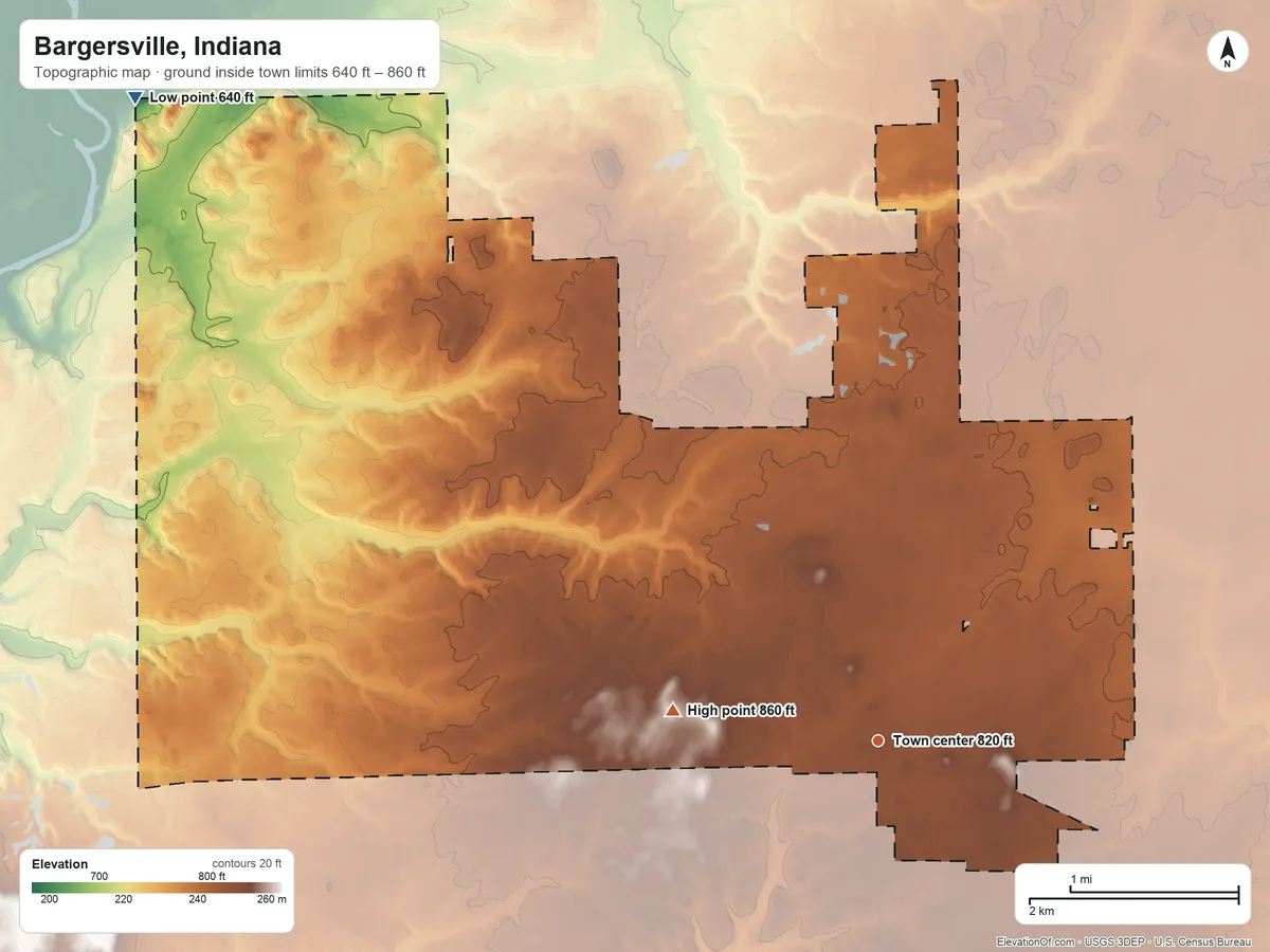 Topographic elevation map of Bargersville, Indiana, shaded from 640 ft on the northwest side to 860 ft on the west side