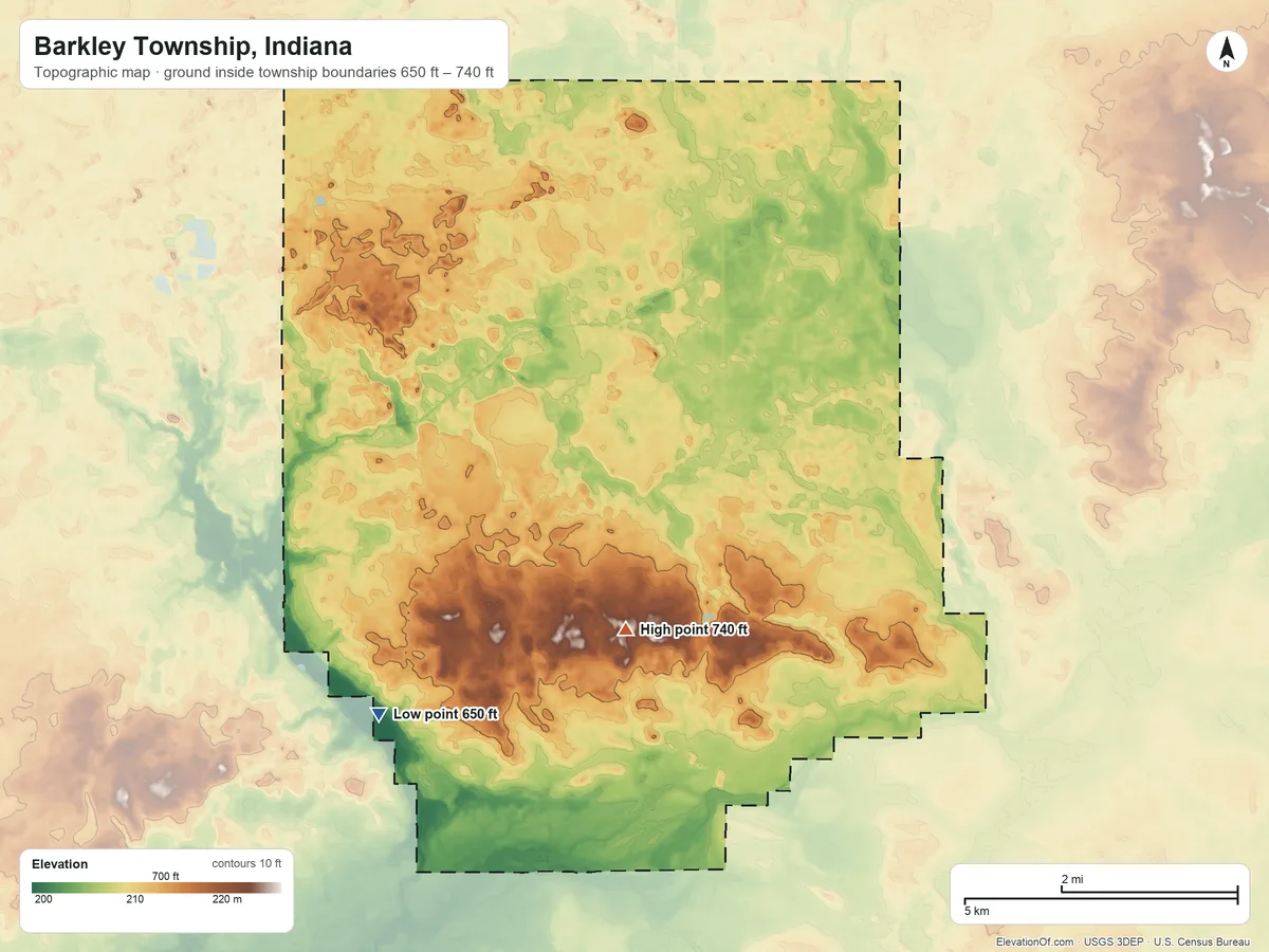 Topographic elevation map of Barkley Township, Indiana, shaded from 650 ft on the south side to 740 ft on the southeast side