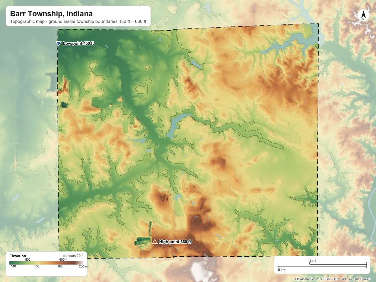Topographic elevation map of Barr Township, Indiana, shaded from 450 ft on the northwest side to 660 ft on the south side