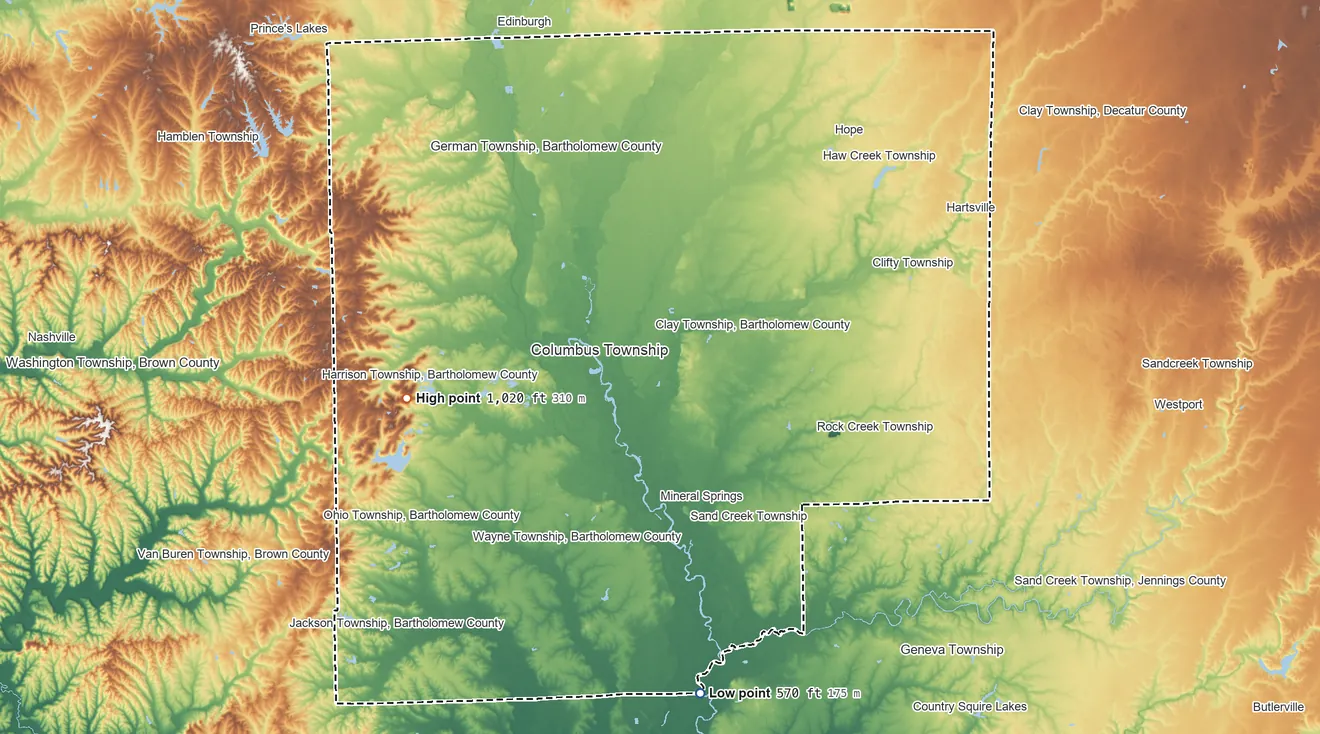 Topographic elevation map of Bartholomew County, Indiana, shaded from 570 ft on the south side to 1,020 ft on Taylor Hill