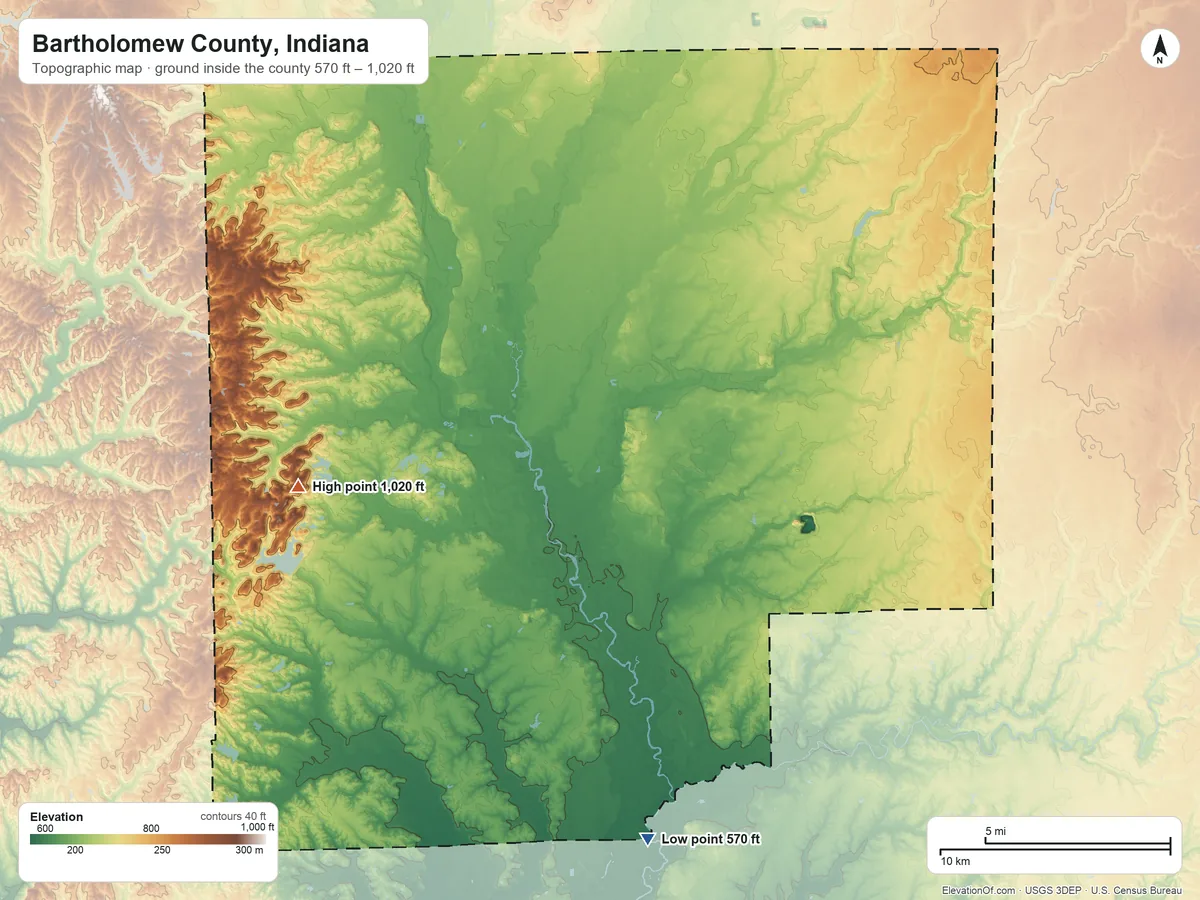 Topographic elevation map of Bartholomew County, Indiana, shaded from 570 ft on the south side to 1,020 ft on Taylor Hill