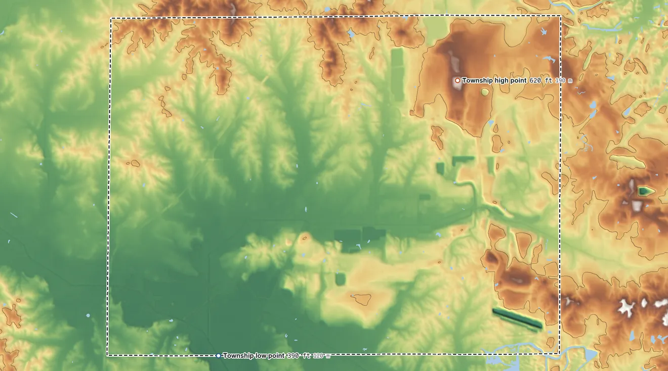 Topographic elevation map of Barton Township, Indiana, shaded from 390 ft on the southwest side to 620 ft on the northeast side