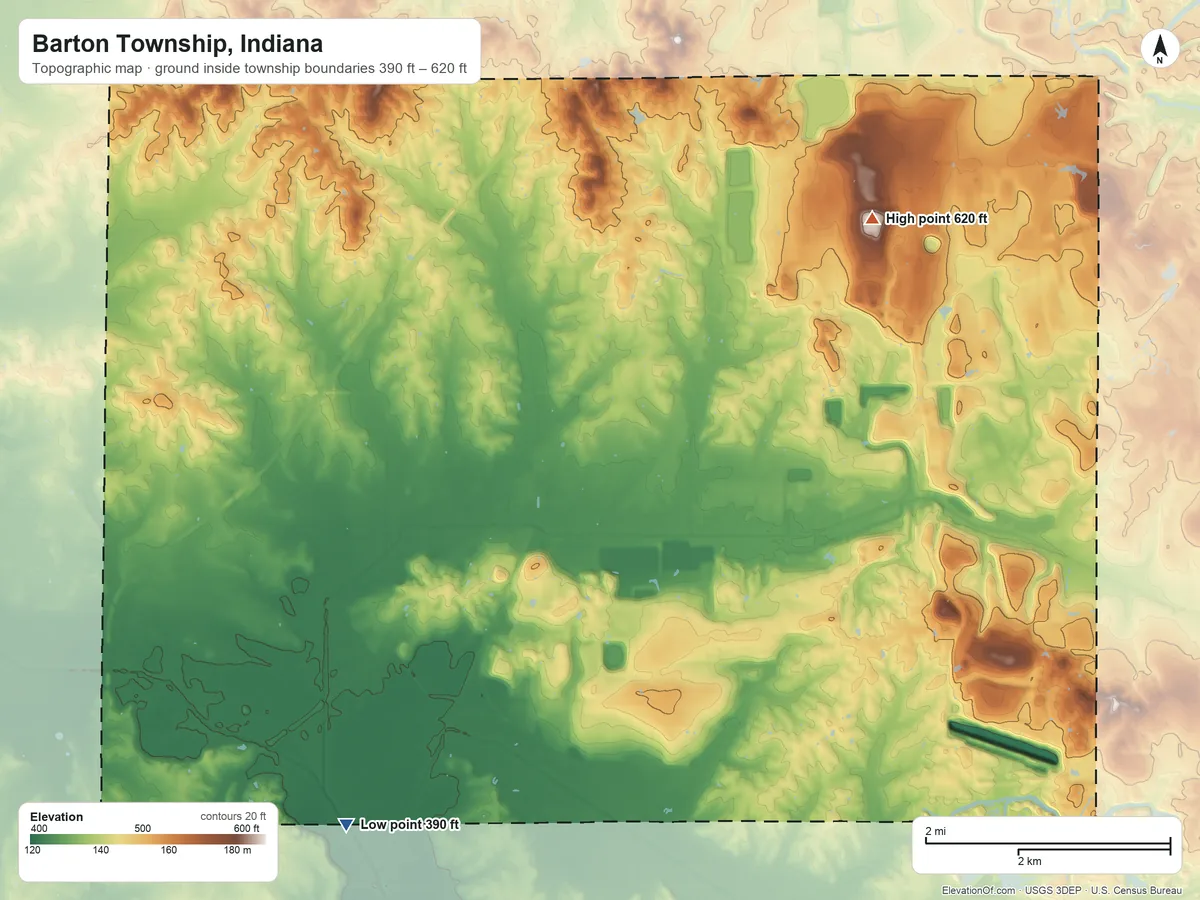 Topographic elevation map of Barton Township, Indiana, shaded from 390 ft on the southwest side to 620 ft on the northeast side