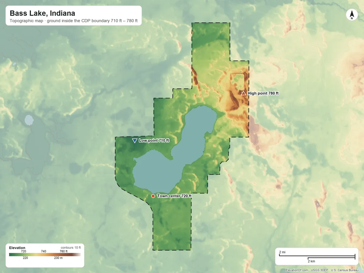 Topographic elevation map of Bass Lake, Indiana, shaded from 710 ft on the north side to 780 ft on the northeast side