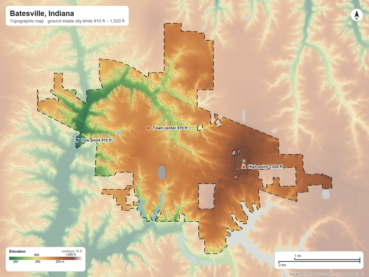 Topographic elevation map of Batesville, Indiana, shaded from 910 ft on the west side to 1,020 ft on the east side