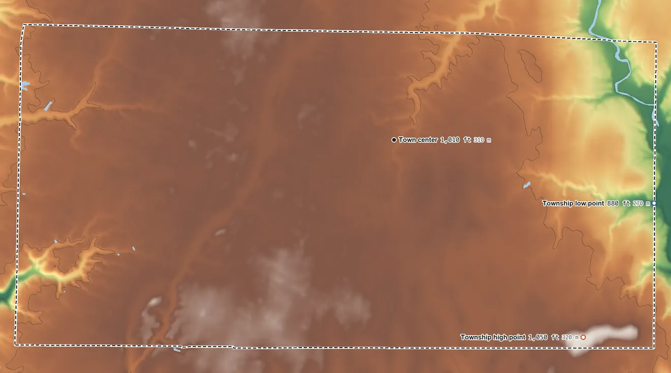 Topographic elevation map of Bath Township, Indiana, shaded from 880 ft on the east side to 1,050 ft on the southeast side