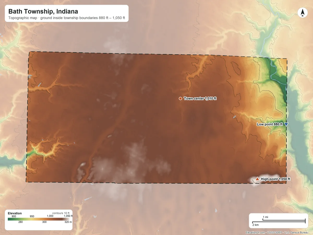 Topographic elevation map of Bath Township, Indiana, shaded from 880 ft on the east side to 1,050 ft on the southeast side