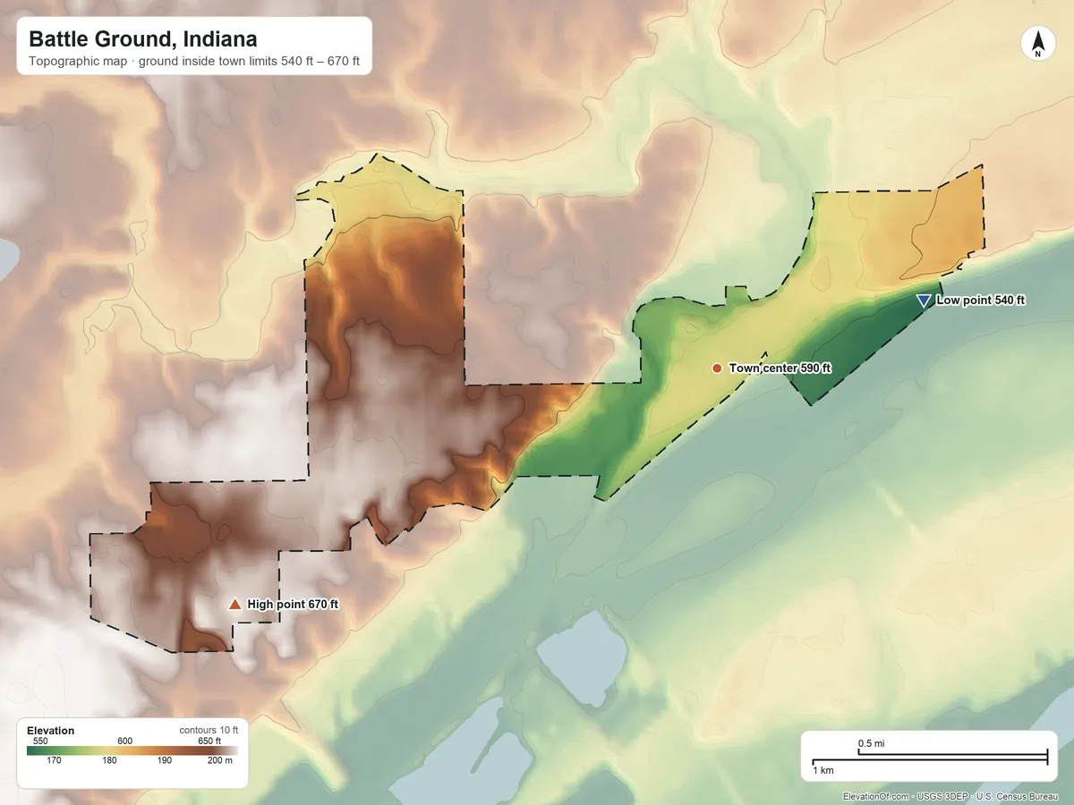 Topographic elevation map of Battle Ground, Indiana, shaded from 540 ft on the east side to 670 ft on the southwest side