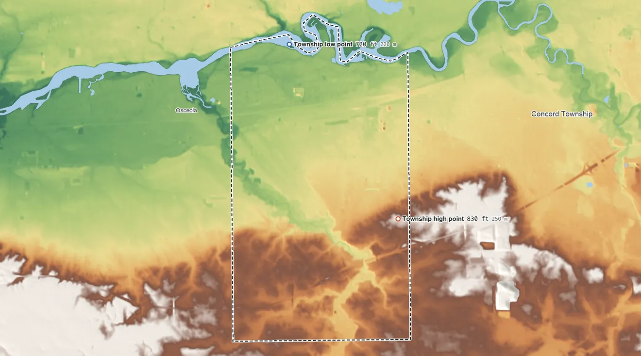 Topographic elevation map of Baugo Township, Indiana, shaded from 720 ft on the north side to 830 ft on the southeast side