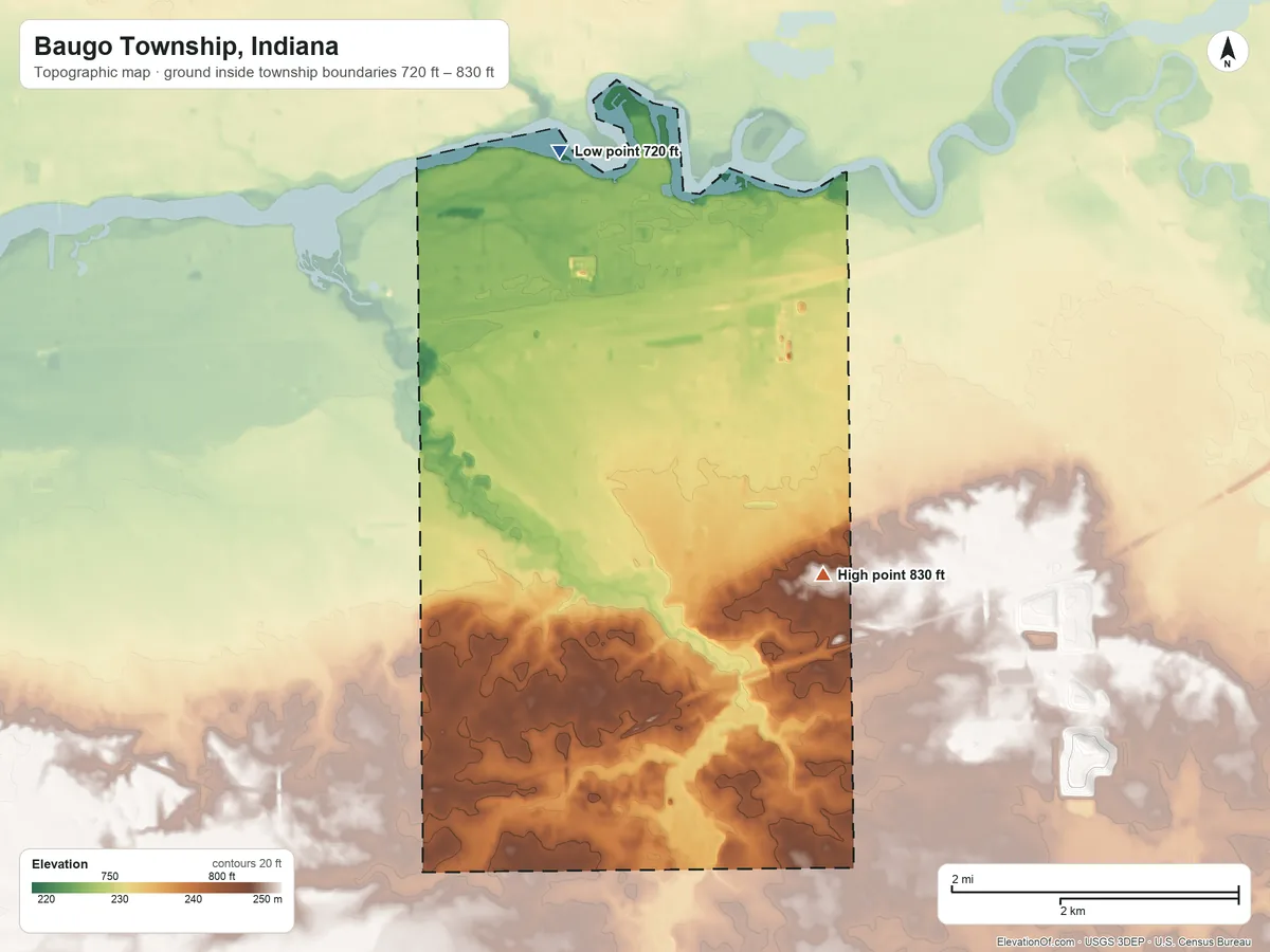 Topographic elevation map of Baugo Township, Indiana, shaded from 720 ft on the north side to 830 ft on the southeast side