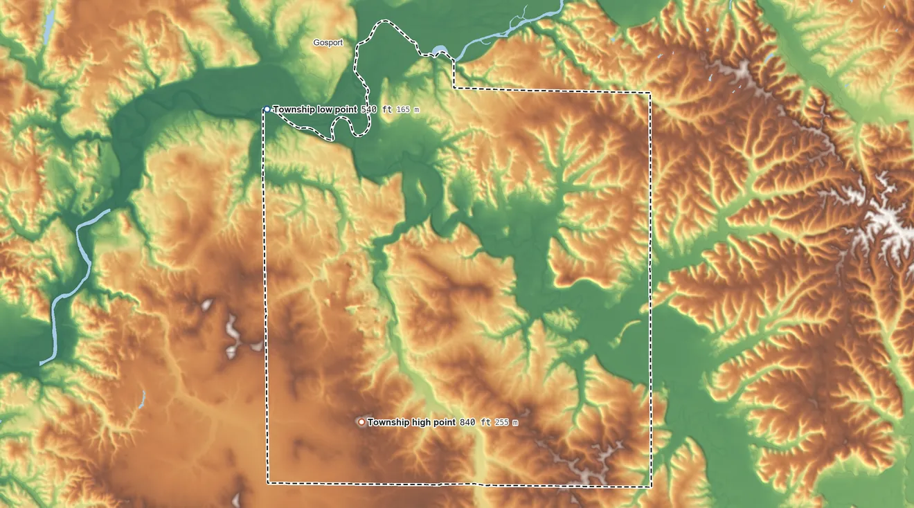 Topographic elevation map of Bean Blossom Township, Indiana, shaded from 540 ft on the northwest side to 840 ft on the southwest side