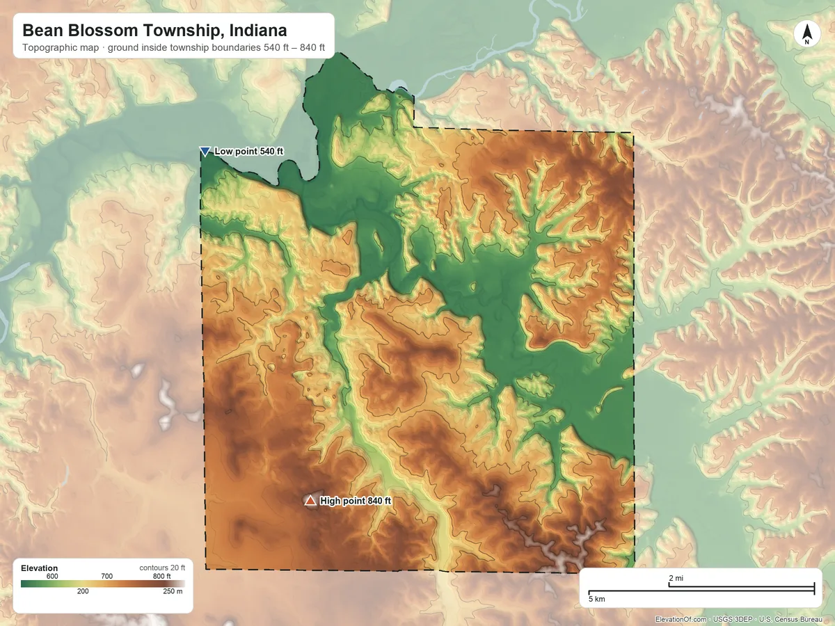 Topographic elevation map of Bean Blossom Township, Indiana, shaded from 540 ft on the northwest side to 840 ft on the southwest side