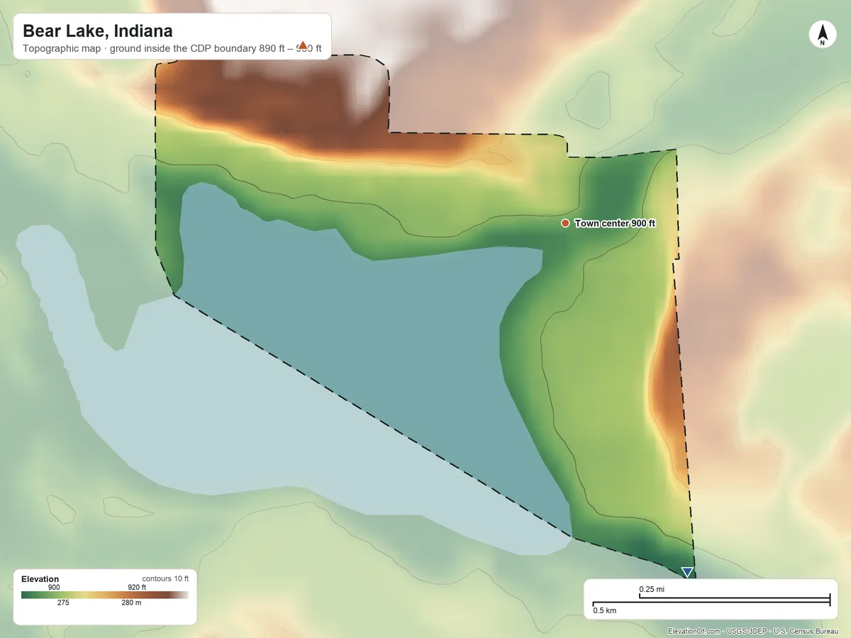 Topographic elevation map of Bear Lake, Indiana, shaded from 890 ft on the south side to 930 ft on the northwest side