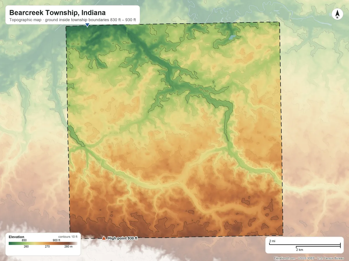 Topographic elevation map of Bearcreek Township, Indiana, shaded from 830 ft on the northwest side to 930 ft on the southwest side
