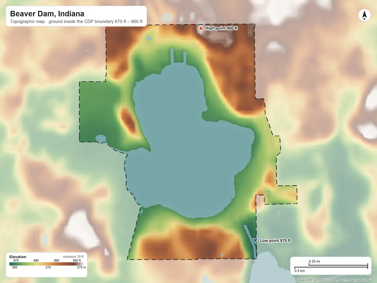 Topographic elevation map of Beaver Dam, Indiana, shaded from 870 ft on the south side to 900 ft on the north side