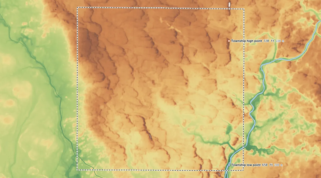 Topographic elevation map of Beaver Township, Pulaski County, Indiana, shaded from 650 ft on the southeast side to 720 ft on the northeast side