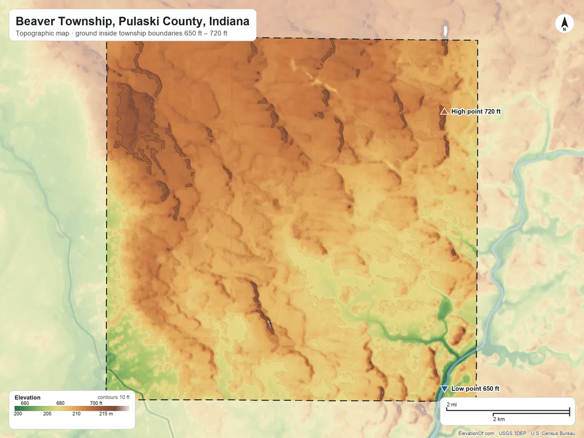 Topographic elevation map of Beaver Township, Pulaski County, Indiana, shaded from 650 ft on the southeast side to 720 ft on the northeast side