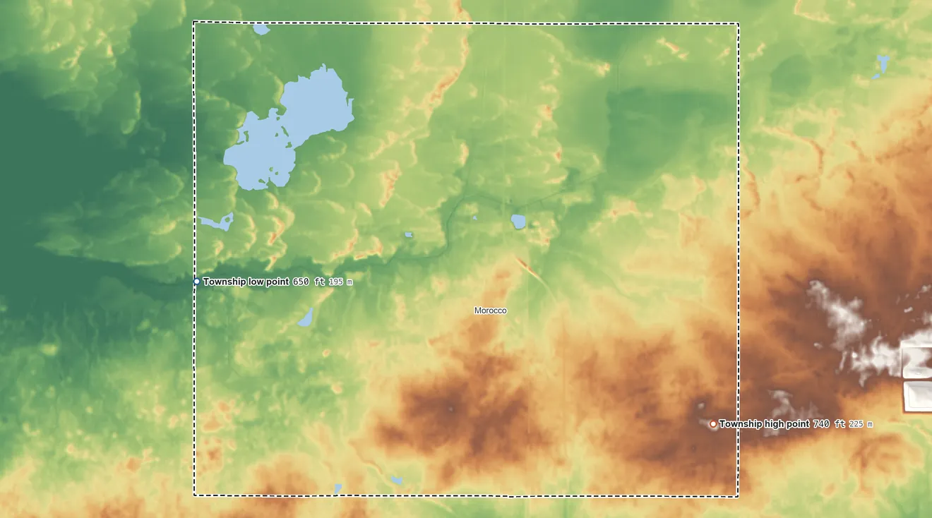 Topographic elevation map of Beaver Township, Indiana, shaded from 650 ft on the west side to 740 ft on the southeast side