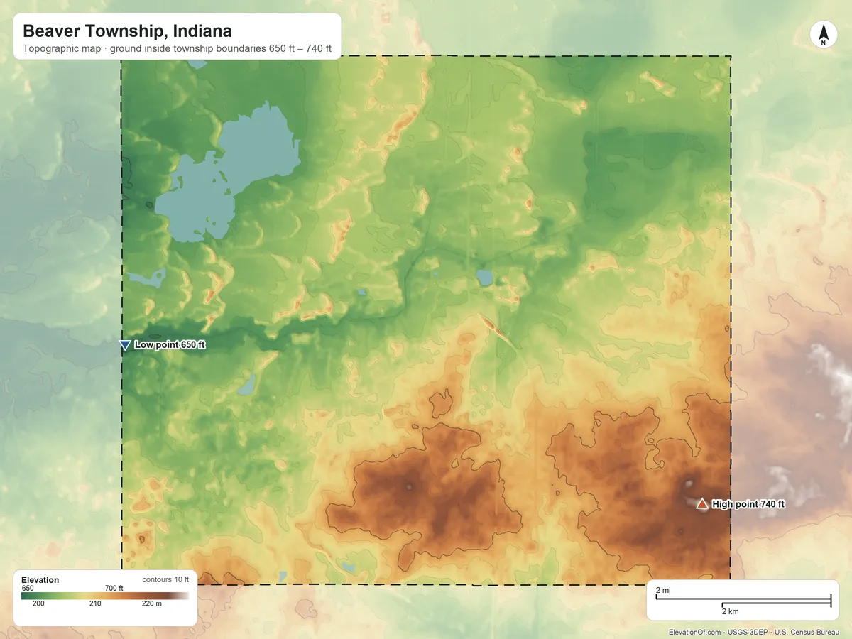 Topographic elevation map of Beaver Township, Indiana, shaded from 650 ft on the west side to 740 ft on the southeast side