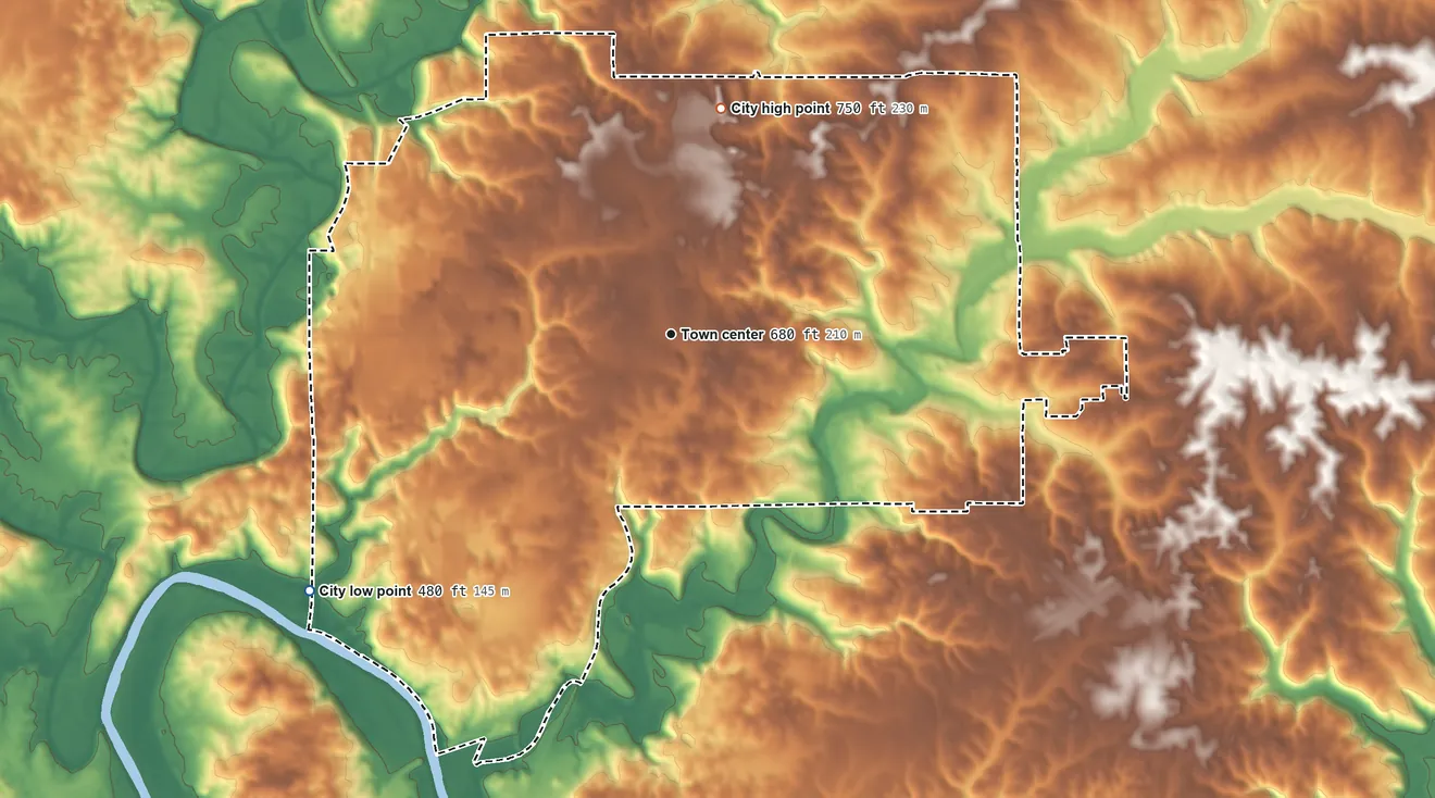Topographic elevation map of Bedford, Indiana, shaded from 480 ft on the southwest side to 750 ft on the north side